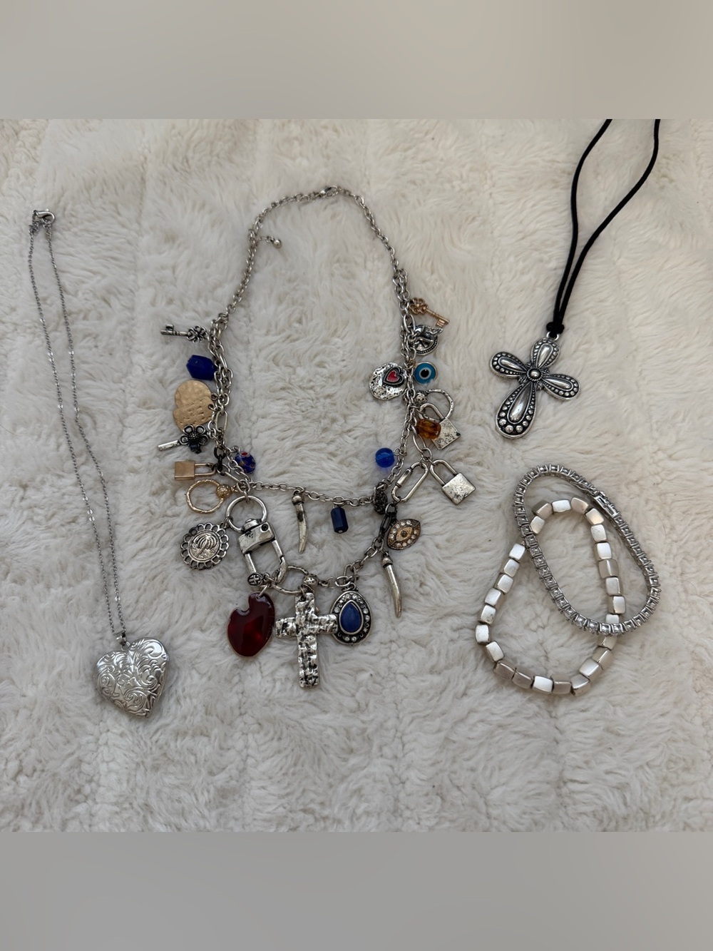 Silver-Tone Charm Necklace, silver bracelets, silver locket necklace bundle